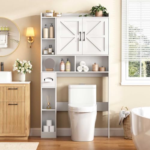 Vabches Over The Toilet Storage Cabinet with 2 Barn Doors, White