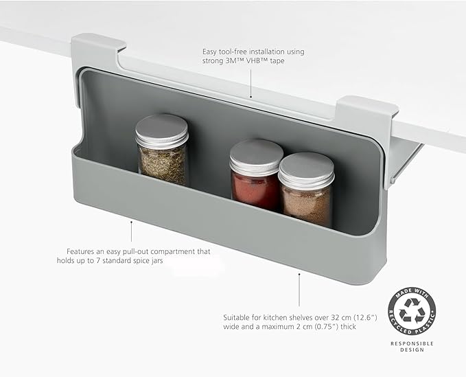 SpiceSpace Organizer Set – Under-Shelf Mounted Rack with 6 Glass Spice Jars & 18 Preprinted Labels – Minimalist Space-Saving Spice Rack for Pantry, Cabinet, or Kitchen Shelf