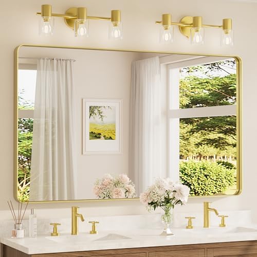 TETOTE 60 x 36 Inch Mirrors for Bathroom, Brushed Brass Gold Vanity Mirror, Large Rectangular Metal Frame Modern Wall Mirror for Living Room Shatterproof (Horizontal/Vertical)