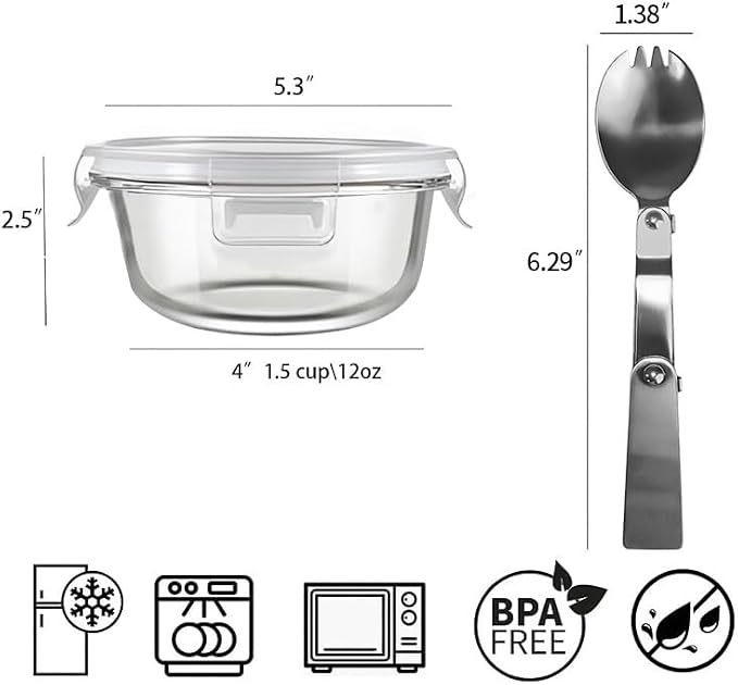 12 OZ Round Glass Food Containers With Lids, 1.5 Cup Small Glass Containers With Lids and Spoons for Office Lunch,Small Round Meal Prep Bowls for Oven, Fridge, Dishwasher safe (4 Pack)