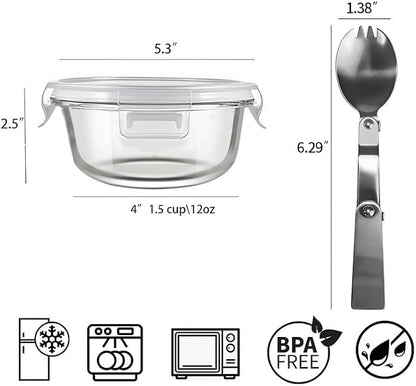 12 OZ Round Glass Food Containers With Lids, 1.5 Cup Small Glass Containers With Lids and Spoons for Office Lunch,Small Round Meal Prep Bowls for Oven, Fridge, Dishwasher safe (4 Pack)