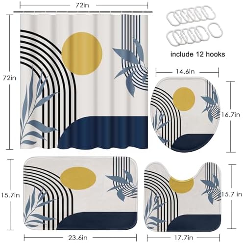 Bathroom Sets with Shower Curtain and Rugs, Boho Geometric 4 Pcs,