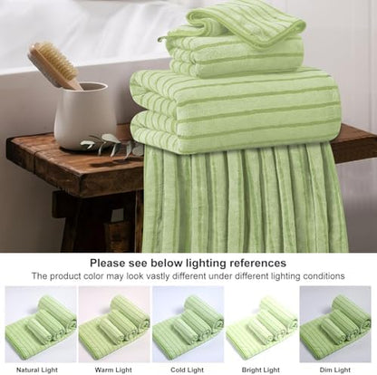 8 Pcs Grass Green Cabana Stripe Large Bath Towel Set - 2 Oversized Bath Sheets, 2 Hand Towels, 4 Washcloths - Soft Jumbo Absorbent Shower Beach Chair Spa Gym Hotel Towels