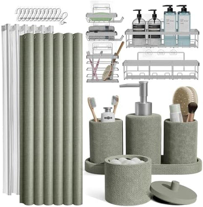 Clara Clark Sage Green Bathroom Set - Bathroom Accessories Set, 24PC Bathroom Accessory Set, Bathroom Sets with Shower Curtain Set, Adhesive Corner Shower Caddy Hanging & Soap Dispenser