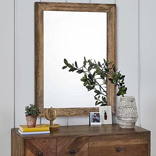 AAZZKANG Rustic Wood Mirror Rectangle Decorative Wall Mirrors with Frame Large 26"x18"for Bedroom Living Room Bathroom Entryway Hanging Brown