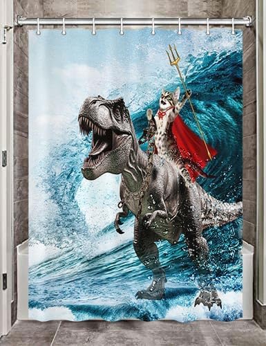 Funny Cat Shower Curtain, Cool Cat Dinosaur Japanese Ocean Wave Shower Curtain, Cat Riding Dinosaur Fun Shower Curtain Nautical Kids Children Rustic Wooden Farmhouse Shower Curtain, 36X72inch, Blue