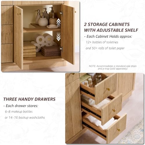 T4TREAM 60" Fluted Bathroom Vanity with Double Sink, Natural Oak