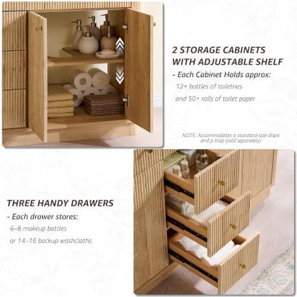 T4TREAM 60" Fluted Bathroom Vanity with Double Sink, Natural Oak