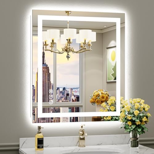 Briivue 28x32 Inch LED Bathroom Mirror with Lights, Backlit & Front Lit