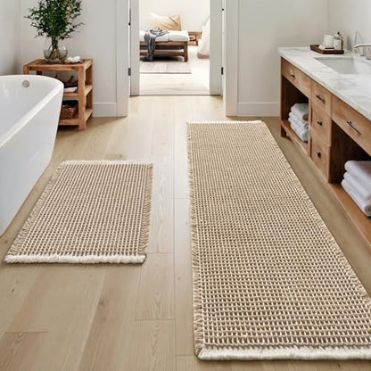 MIULEE Set of 2 Waffle Bathroom Rugs Brown&White Bath Mat 17"x24"+20"x47"