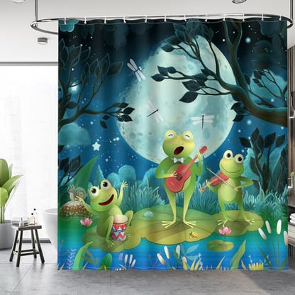 Aimego Funny Frog Shower Curtain - Cute Cartoon Frogs Dragonfly Lotus Leaf Floral Pond Wildflower Moon Fun Bath Shower Curtain Set with 12 Hooks for Kids Adults Bathroom Decor Accessories,72"x72"