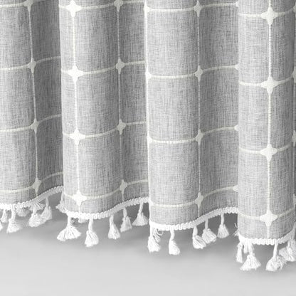 Boho Farmhouse Classic Plaid Linen Tassel Shower Curtain Light Grey,72x78