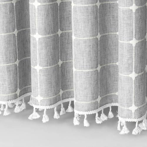 Boho Farmhouse Classic Plaid Linen Tassel Shower Curtain Light Grey,72x72
