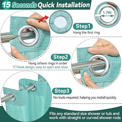 Conbo Mio Extra Long No Hook Green Waffle Weave Shower Curtain with Snap in Liner Set, Hotel Luxury Shower Curtains for Bathroom with See Through Top Window, Waterproof, Washable 71W x 84H