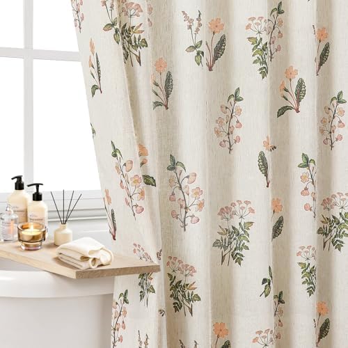Colorful Star Farmhouse Beige Floral Linen Shower Curtain, 72" W x 78" L