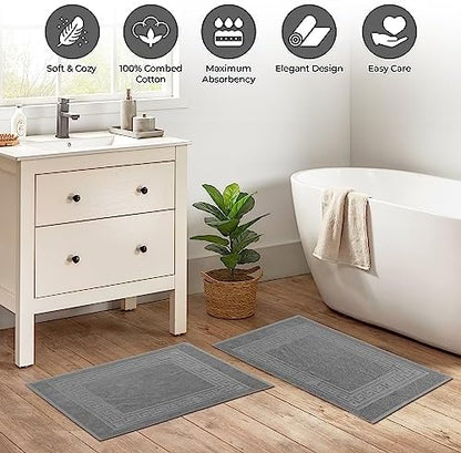 Superior Heavyweight Cotton Bath Mats, Bath Rugs For Bathroom Accessories, Washable Rug For Shower, Bath, Toilet, Modern Decor, No Backing, Luxury Hotel And Spa Quality, Set of 2, 22" x 35", Silver