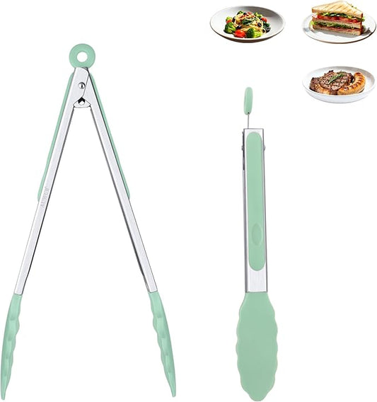 9+12 Inch Pistachio Salad Tongs 2-Piece Set, Silicone with 304 Stainless Steel Core & Non-Slip Grip, Kitchen Utensils for Grilling Salad