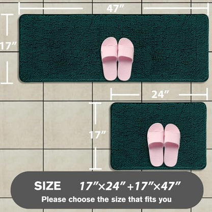 Bathroom Rugs Sets 2 Piece – Absorbent and Washable Bath Mat, Non-Slip, Thick Soft Chenille Bath Rugs for Bathroom Floor, Shower, Sink(17" x 24"+17" x 47", Dark Teal)
