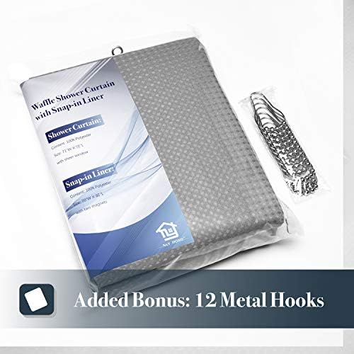 N&Y HOME Long Waffle Weave Shower Curtain with Snap-in Liner 71x78, Gray