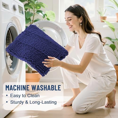 Grandaily Chenille Striped Bathroom Rugs 36x24, Extra Thick and Soft Absorbent Bath Mats, Rubber Backing, Plush Shaggy Shower Carpet, Machine Wash Dry, Bath Rug for Bathroom, Twilight Sapphire