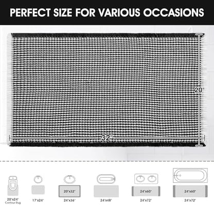 Upgraded Waffle Bath Mat, 32"x20" Black & White, Super Absorbent Non-Slip Quick Dry Bathroom Rugs with Tassels, Machine Washable Ultra Soft Boho Bath Rugs for Floor, Toilet Mats Boho Farmhouse Decor