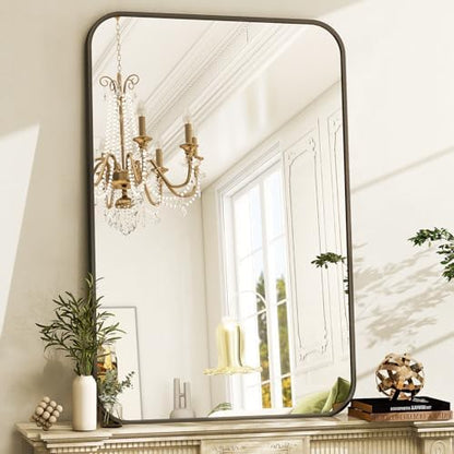 Easly 30 x 40 Inch Bathroom Mirror, Rounded Rectangular Vanity Mirror for Wall, Modern Mirror for Room Decor, Black Framed Wall-Mounted Mirrors for Home Decor, Hangs Horizontally or Vertically