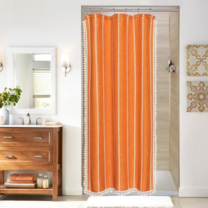 Farmhouse Tassel Linen Shower Curtain,3D Embroidery Stripe Orange,36x72