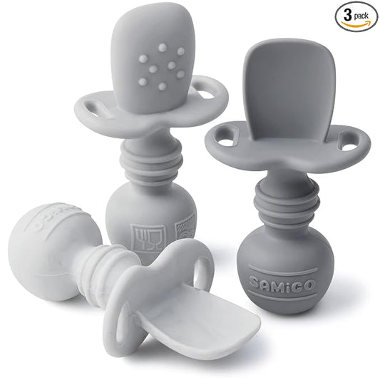 SAMiGO Silicone Baby Spoons Self Feeding 6+ Months - Infant Toddler Utensils - First Stage Baby Led Weaning Feeding Supplies - Set of 3 Pack