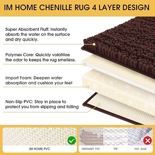 ACCUMTEK Upgrade Luxury Brown Bathroom Rug Mat 32"x20", Ultra Soft Thick Absorbent Bath Mats, Non Slip Chenille Toilet Mat for Bathroom, Bedroom, Kitchen, Shower, Tub