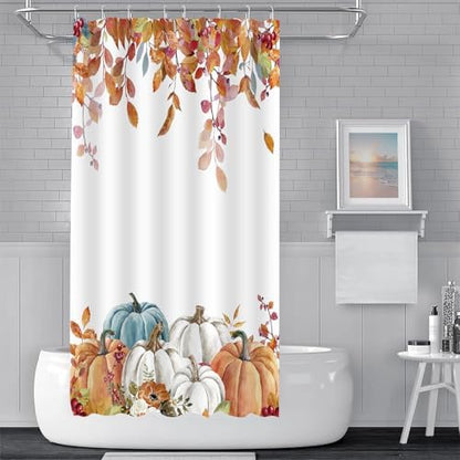 Fall Pumpkin Shower Curtain, Thanksgiving Autumn Maple Leaves Watercolor Floral Harvest Boho Bathroom Curtains with Hooks for Bathroom Bathtubs Decor, Waterproof Polyester Fabric 47x64