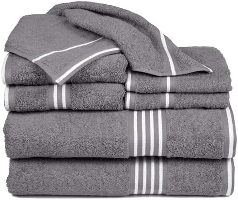 Lavish Home 8PC Bathroom Towels Set - 575GSM 100% Cotton Bathroom Essentials with 2 Bath Towels, 2 Hand Cloths, 2 Wash Cloths, and 2 Fingertip Fabric for Shower, Gym, Dorm and Spa (Silver)