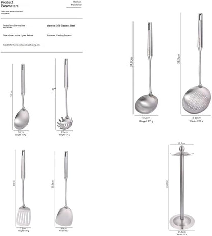 Premium 7-Piece Gold Kitchen Utensil Set with Stand, Stainless Steel Cooking Tools- Dishwasher Safe Ladle, Spoon, Spatula, Pasta Fork, Luxury Brass Kitchen Accessories for Home Chefs (silvery)