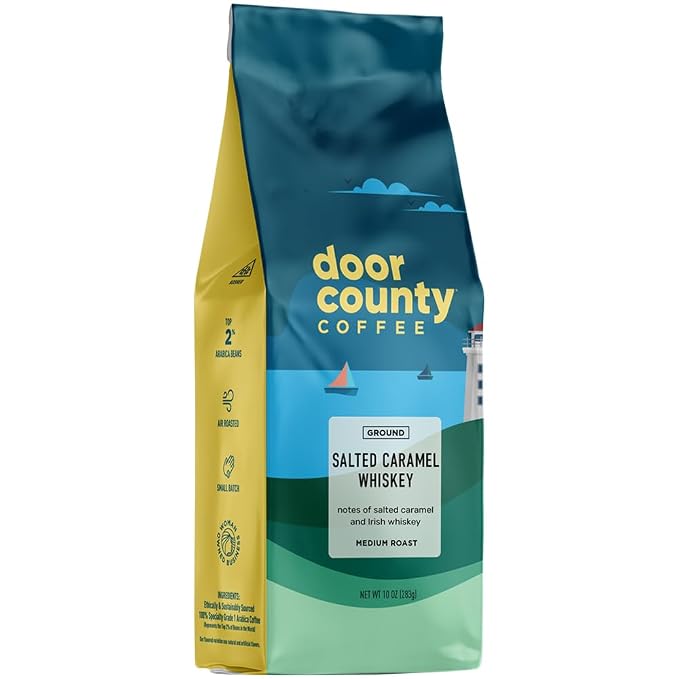 Door County Coffee Salted Caramel Whiskey Flavored Ground - 10 oz Bag - Medium Roast - 100% Specialty Arabica - Flavored Gourmet - Salted Caramel Whiskey