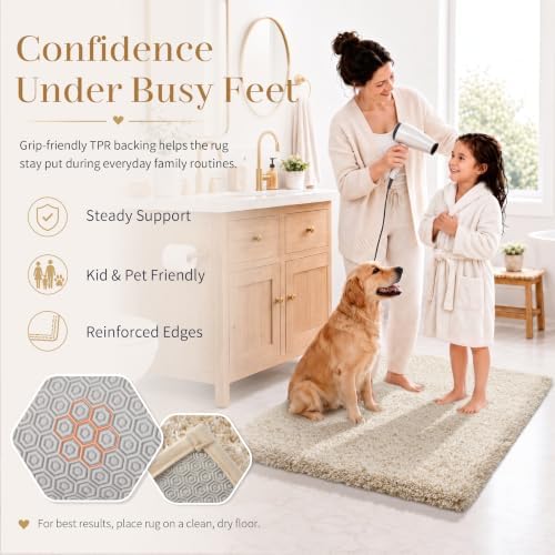 Yimobra Luxury Bathroom Rugs, Fluffy Bath Mats, Non Slip, Water Absorbent Microfiber, Machine Washable, Plush Runner Shower Rugs, Thick Matts for Bathroom Floor/Tub, 60" X 24", Light Beige and White