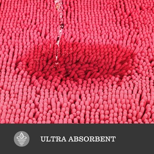Yeaban Chenille Hot Pink Bathroom Rug 26"x44", Non-Slip Rubber Backing