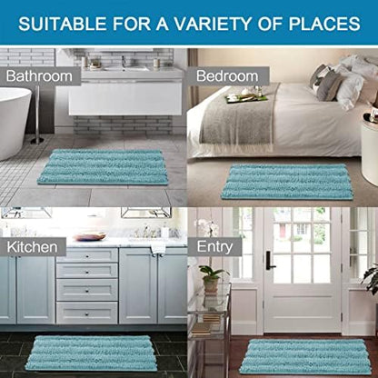 H.VERSAILTEX Bath Rugs for Bathroom Non Slip Bath Mats Extra Thick Chenille Striped Rug 20" x 32" Absorbent Non Skid Fluffy Soft Shaggy Washable Plush Mat for Indoor, Bath Room, Tub - Aqua Haze