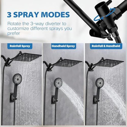 Shower Head,12”Rain Shower Head with Handheld Spray Combo with 11'' Angle Adjustable Extension Arm/Flow Regulator/Shower System,High Pressure Rainfall Shower Head Clean Bathroom,Matt Black