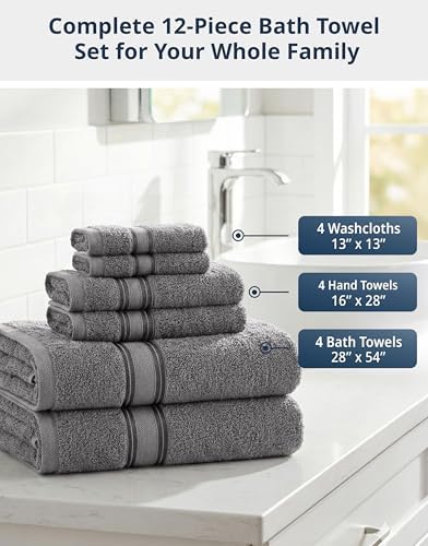 LANE LINEN Bath Towel Set 100% Cotton 12 Piece Soft Absorbent - Grey