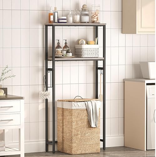 HOOBRO Over-The-Toilet Storage,2-Tier Bathroom Organizer Over Toilet,Freestanding Bathroom Storage Shelves, with Toilet Paper Holder and Hooks,Space Saver, Greige and Black BG49TS01