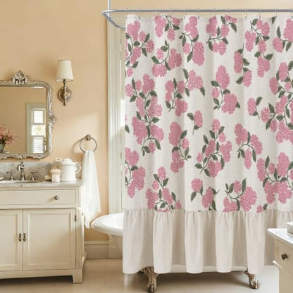 ORTIGIA Linen Textured Ruffle Shower Curtain with Metal Hooks, Vintage Pink Hydrangea Floral Boho Waterproof Bath Curtain for Rustic Farmhouse Bathroom Decor 72x72 Inch