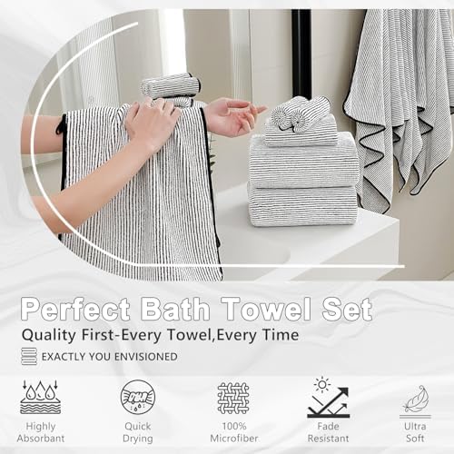 8-Piece Premium Towel Set for Bathroom|2 Oversized Large Bath Sheet 35”x70”,2 Hand Towels,4 Washcloths|Soft Cozy Absorbent Fast Dry Polyester Shower Towel Set for Hotel Bathroom Essentials,Black White