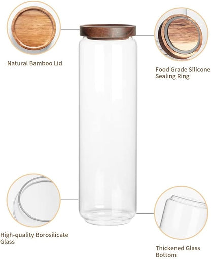 Kanwone Airtight Food Storage Containers Set of 3, 54 Ounce Glass Storage Containers with Bamboo lids, Clear Glass Canisters for Pantry, kitchen, Flour, Sugar, Tea, Coffee, Cookies, Spice and Herbs