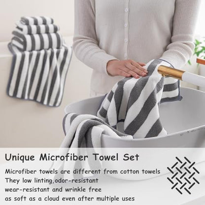 18 Pcs Gray Stripe Bath Towel Set with Hanging Loop-6 Bath Towels,6 Hand Towels,6 Washcloths Soft Family Towels Set Bathroom Towel Highly Absorbent Quick Dry Shower Towel for Beach Chair Spa Gym Hotel