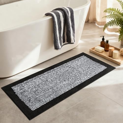 48x17 Long Bathroom Rugs Non Slip Washable, Soft Absorbent Bath Mat Black