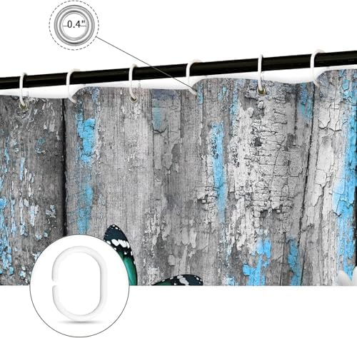 Rustic Farmhouse Shower Curtain, Farm Teal Daisy Floral Flowers and Butterfly on Country Wooden Shower Curtain for Bathroom, Country Blue Daisy Cute Highland Cow Curtain with 12PCS Hooks 54X72in