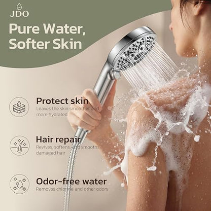 6-Setting Filtered Handheld Shower Head, JDO High Pressure Shower Head with Replaceable Filter Cartridge 4.7 Inch Detachable Showerhead for Chlorine Hard Water Removal 59 Inch Stainless Steel Hose