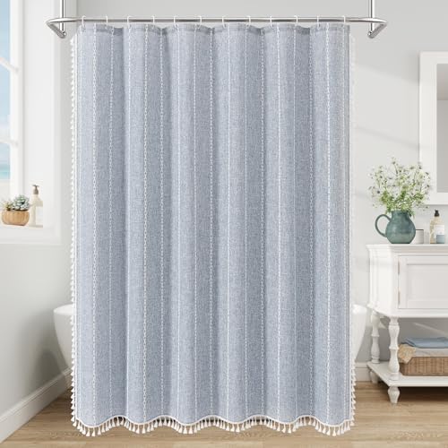 Boho Farmhouse Tassel Linen Shower Curtain,3D Embroidery Stripe Blue,72x96