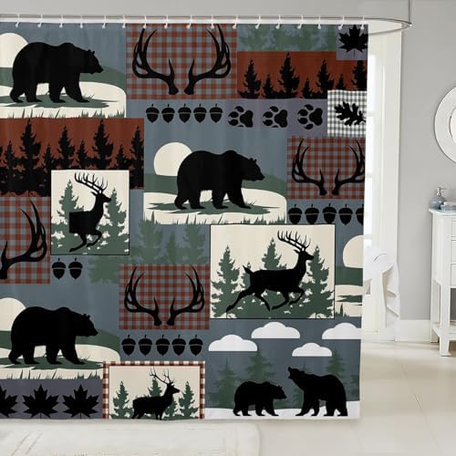 Feelyou Rustic Plaid Shower Curtain for Bathroom Decor Lodge Cabin Bear Bath Curtain Country Elk Moose Bathroom Accessories Woodland Green Waterproof Polyester Fabric for Stalls Bathtubs 72"x72"