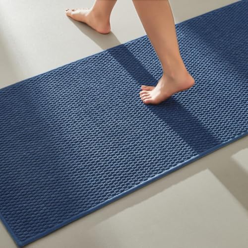 TYUU Bathroom Runner Rugs, Long Bath Mat Runner Washable Thin Quick Dry Low Pile Bathroom Runner Rugs Non Slip, Navy Blue 16" x 60"