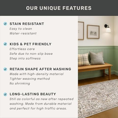 Moss Washable 7x9 Living Room Area Rug, Boho Floral Dining Room Under Kitchen Table, Low Pile Soft Farmhouse Bedroom Carpet, Moss Home Décor, Non Slip & Stain Resistant